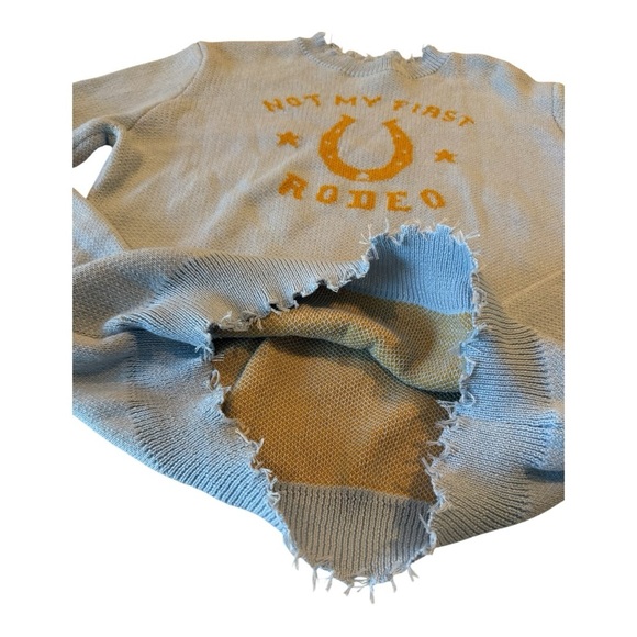 Miss Sparkling Not My First Rodeo Distressed  Sweater Blue Horseshoe Western - Picture 9 of 11